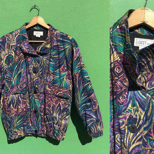 1990s Peacock Bomber Jacket Vintage Purple Blue Gold Turquoise Size Large