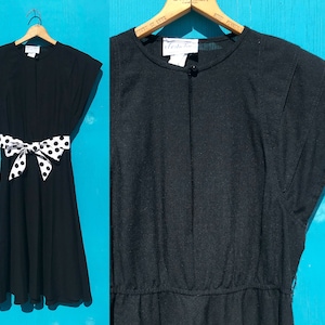 1980s Black Cap Sleeve Dress Size Small Med Pullover Vintage Day Dress