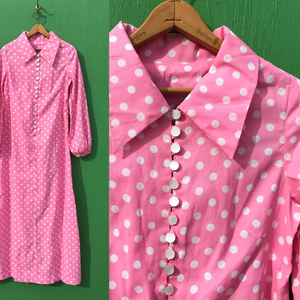 1970s Pink Polka Dot Maxi Dress Size Medium Long Full Sleeves Dagger Collar Vintage Handmade