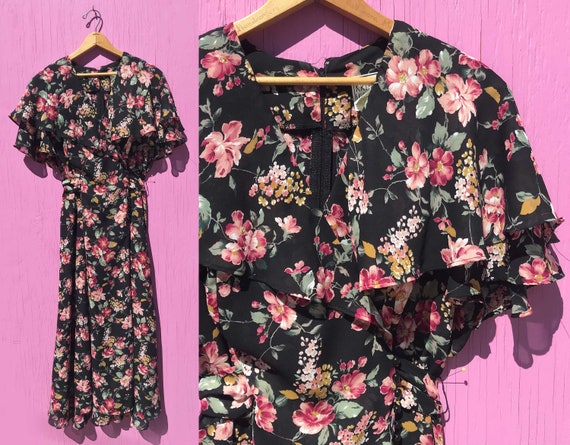 1990s Flutter Sleeve Dress Pink Roses on Black Sz Medium Vintage