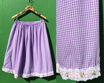 Purple Gingham Skirt Size Med Large Vintage Lace Trim Pink Rosettes Cottagecore Summer