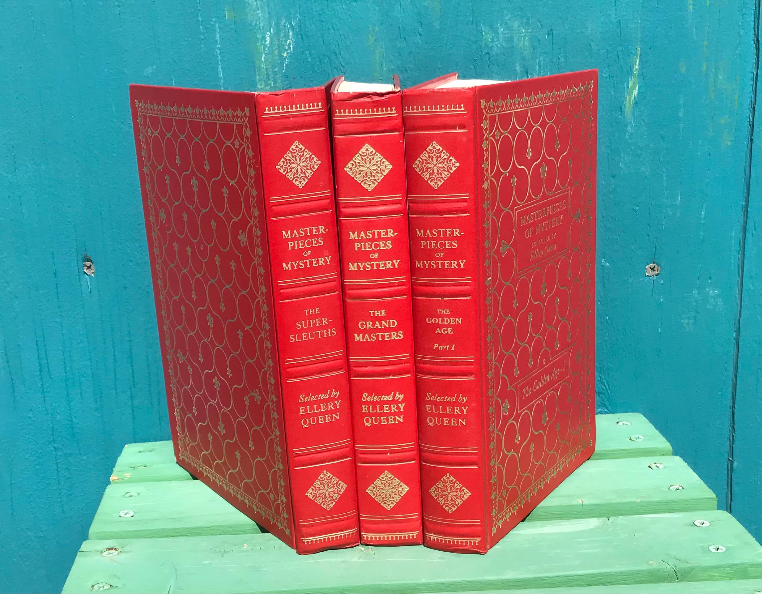 Vintage Red Leather Books Masterpieces of Mystery Book Set 3 1970s Ellery Queen Collection