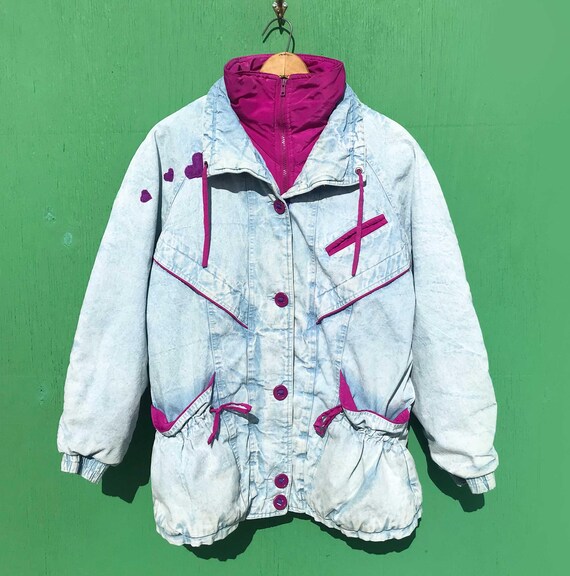 Vintage Denim Coat W Quilted Lining Size Large Acid Wash Purple