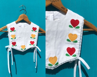 Vintage Square Childs Pinafore Vest White Red and Yellow Hearts 1980s Accessory Weskit Tabbard Overlay Bib Collar Size 6