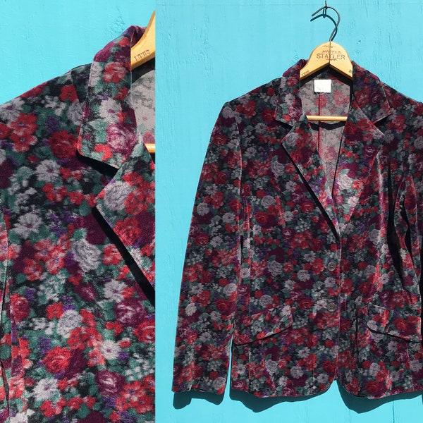 1990s Floral Velveteen Blazer Jacket Notched Collar Sz Med Purple Grey Blue Vintage Velour