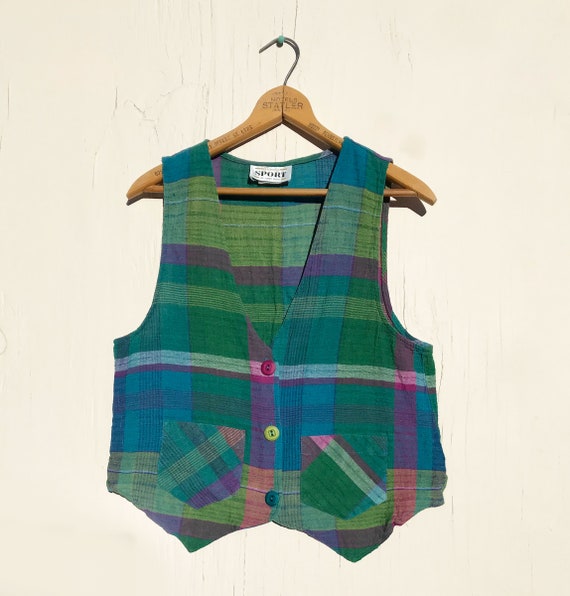 1980s Madras Plaid Vest with Pockets Size Medium … - image 2