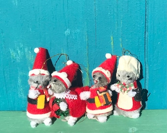 Vintage Fuzzy Christmas Mice Ornaments Handmade Mini Felt and Faux Fur Santas Christmas Holiday Decor