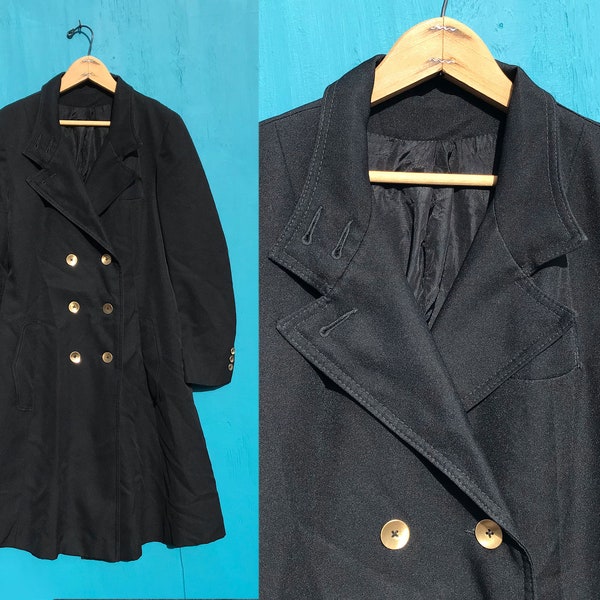1970s Flared Black Trench Coat Sz Small Wide Collar Martingale Belt Vintage Overcoat