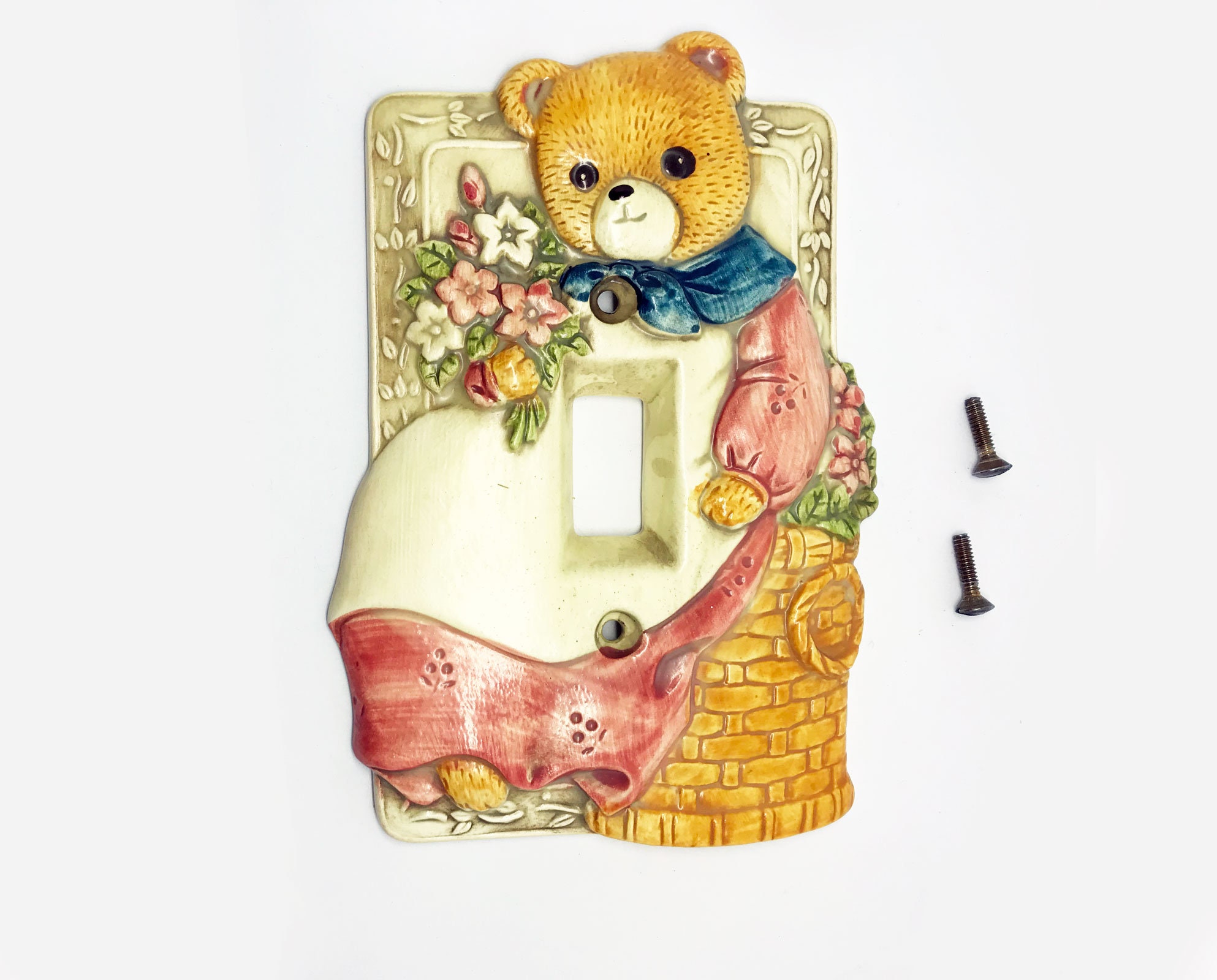 Vintage Mama Bear Light Switch Cover Cute Lady Bear In Apron With Flowers Ceramic Switch Plate Nursery Decor Kids Room Takahashi 1980s
