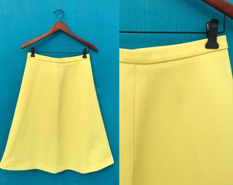 1970s Lemon Yellow A Line Skirt Size Medium Waist 29 Vintage Double Knit Polyester