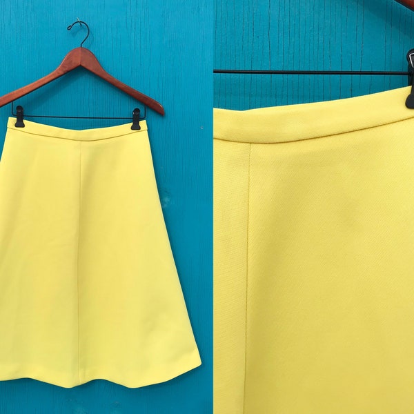 1970s Lemon Yellow A Line Skirt Size Medium Waist 29 Vintage Double Knit Polyester