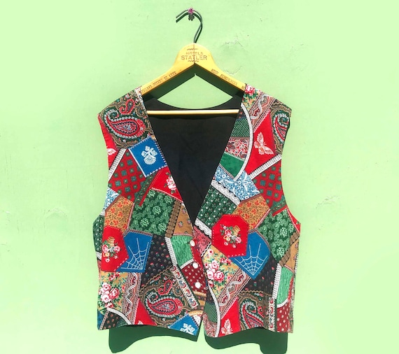 Vintage Patchwork Print Vest Size Medium Fully Li… - image 1