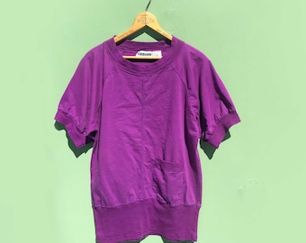 Jersey de punto de manga corta morado de los años 80, talla M, camisa vintage tipo jersey con bolsillo, color fucsia uva