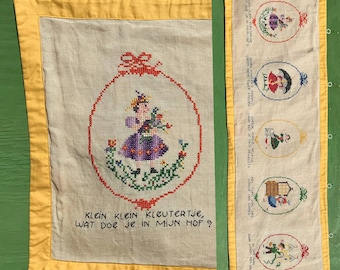 Mid Century Dutch Embroidered Nursery Rhymes Wall Hanging 16 x 49 Vintage Childrens Decor Banner
