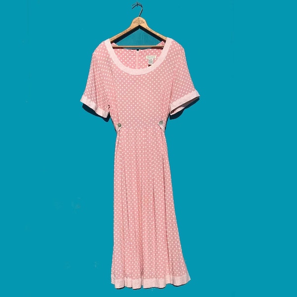 1990s Pink Polka Dot Rayon Dress Size L XK Loose Fit Vintage Spring Summer