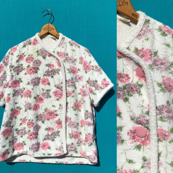 1960s Terry Cloth Cover Up White Pink Roses Sz Medium Vintage Summer Beach