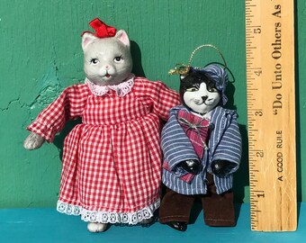 Victorian Tiny Cat Doll Ornaments Christmas Bisque China and Fabric Miniature Kittens Vintage Holiday Decor