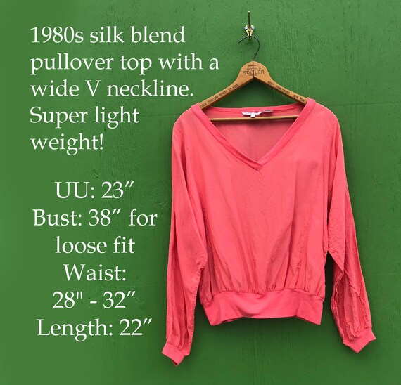 1980s Coral Pink Silk Blend Pullover Top Dolman S… - image 8