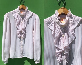 1980s High Collar Ruffle Jabot Blouse White and Red Polyester Button Up Long Sleeve Size Medium Lightweight