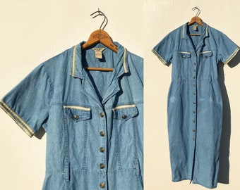 1990s Denim Dress Button Up Front Sheath w Notched Collar Military Braid Trim Vintage Short Sleeves Pockets Size Large