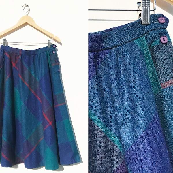 1980s Plaid Wool Blend Skirt Blue and Red Vintage Waist 28 Vintage Half Circle