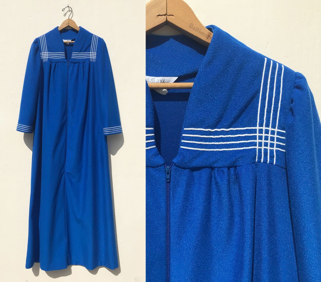 1980s Blue Velour Housecoat Robe Size Medium White Sailor Stripes Front Zip Vintage - Etsy