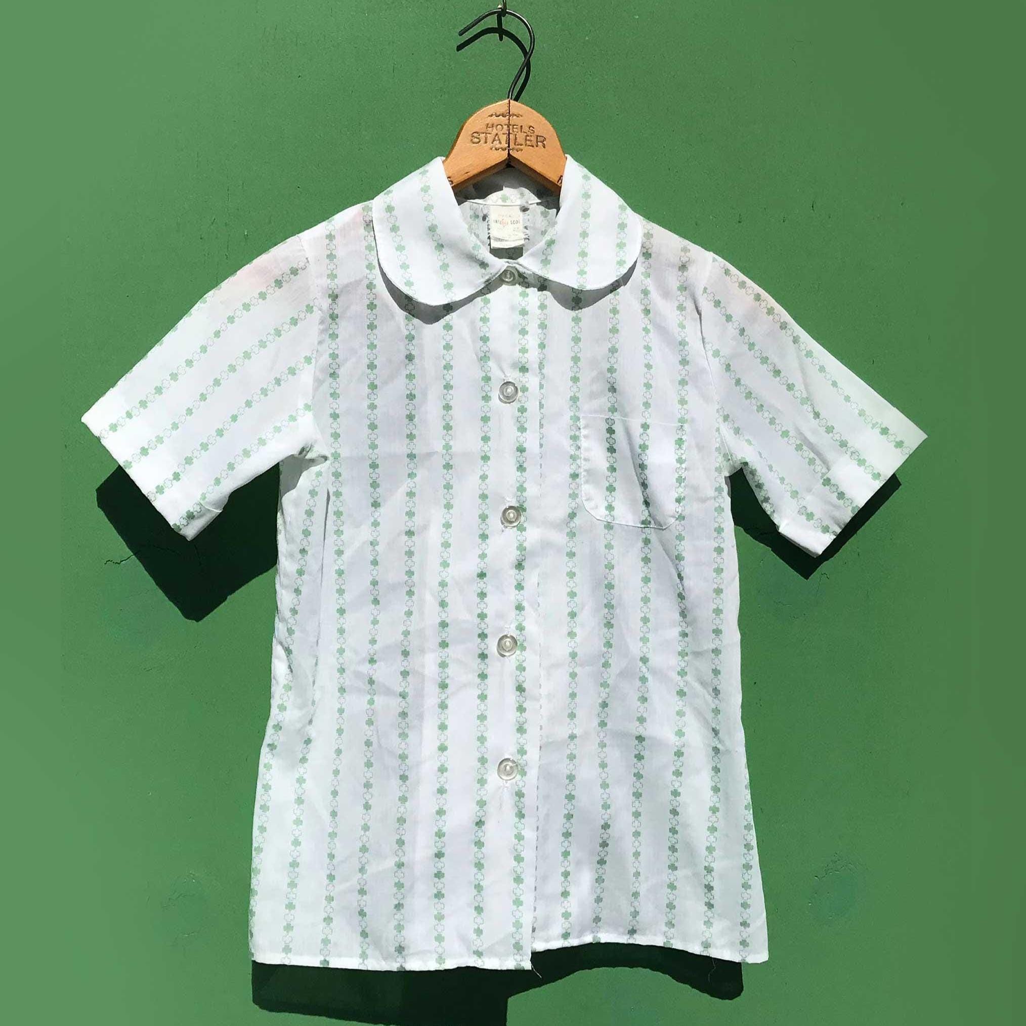 Vintage Girls Camp Shirt 70s Girl Scout Blouse Girls Size 12 White Green