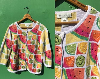 Y2K Beaded Fruit Cardigan Sweater Size Medium Yellow Citrus Vintage Susan Bristol