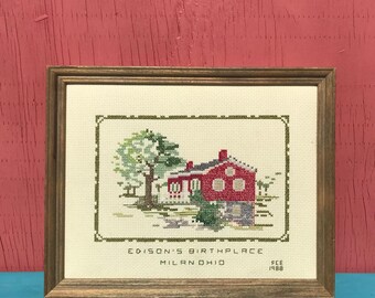Edison’s Birthplace Embroidered Picture Vintage FINISHED Cross Stitch in Frame 8 X 10 Milan Ohio