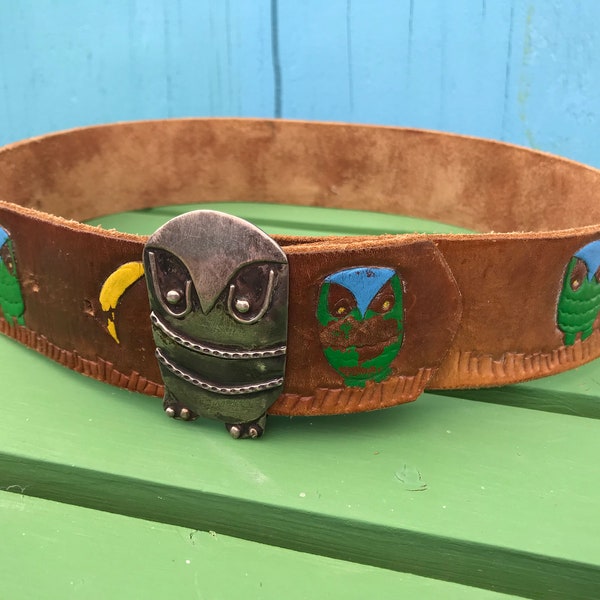 Vintage Leather Owl Belt Hippie Boho Accessory 2" Wide 26" to 30" Waist Hand Tooled Painted Blue Green
