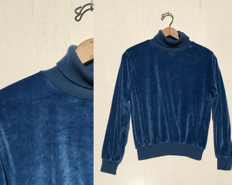 1980s Turtleneck Velour Pullover Top Royal Blue Size Small Medium Long Sleeves Vintage Cotton Blend Ribbed Waist and Cuffs