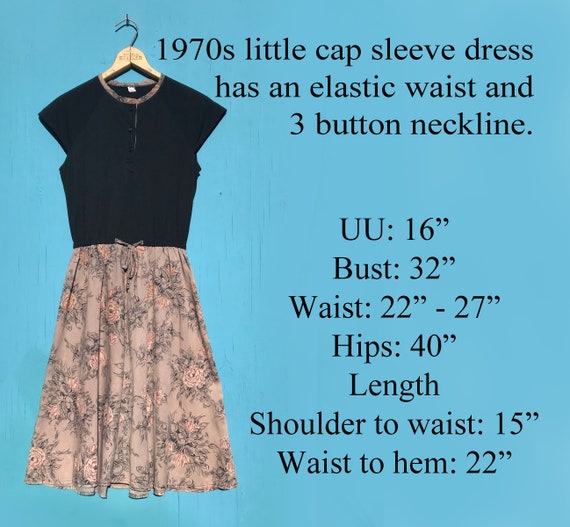 1970s Cap Sleeve Dress Black and Blush Floral Ela… - image 8