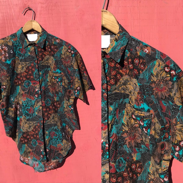 1980s Boxy Paisley Shirt Black Teal Gold Cotton w Pockets Button Front Top Blouse Narrow Collar Size Small