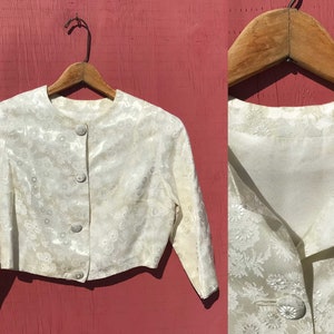 1960s Ecru Satin Spencer Jacket Size Small XS Cropped Button Up Vintage Retro Mid Century