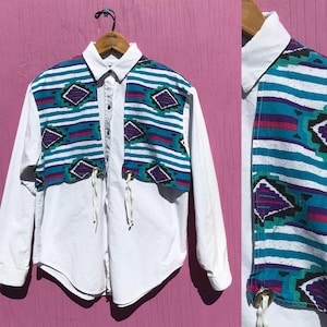 1990s Western Shirt Southwest Aztec Cape White Purple Green Blue Sz Med Large Vintage Cotton