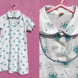 Vintage Girls Play Dress White w Blue Flowers Round Collar Kids Size 7 8