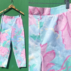 1980s Pastel Floral Pull On Pants Elastic High Waist Tapered Legs Size Small Slim Fit Waist 28 30 32
