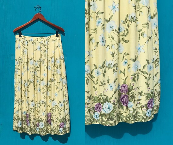 1990s Floral Rayon Skirt Elastic Waist Yellow w B… - image 1