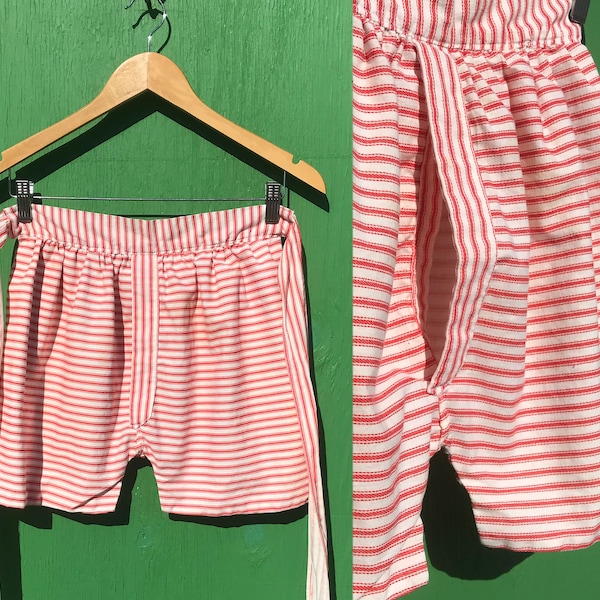 Vintage Boxer Shorts Apron Red and White Ticking Stripe Cotton