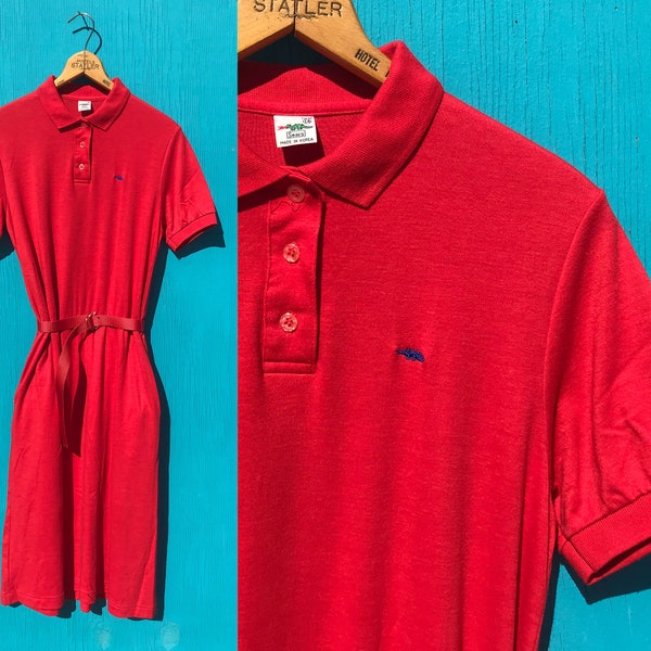 1980s Preppy Red Shirt Dress w Belt Sz Small Pockets Vintage Sears Polo Collar