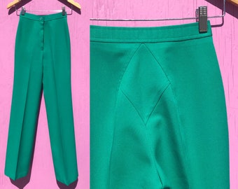 1970s Green High Waist Pants 22” Waist Wide Leg Emerald Polyester Vintage Disco Back Seams