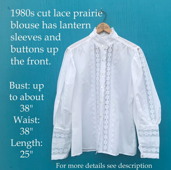 1980s Prairie Blouse White Embroidered Lace Mutto… - image 9
