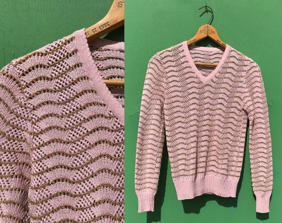 1980s Mauve Pink Crochet Sweater w Gold Threads D… - image 1