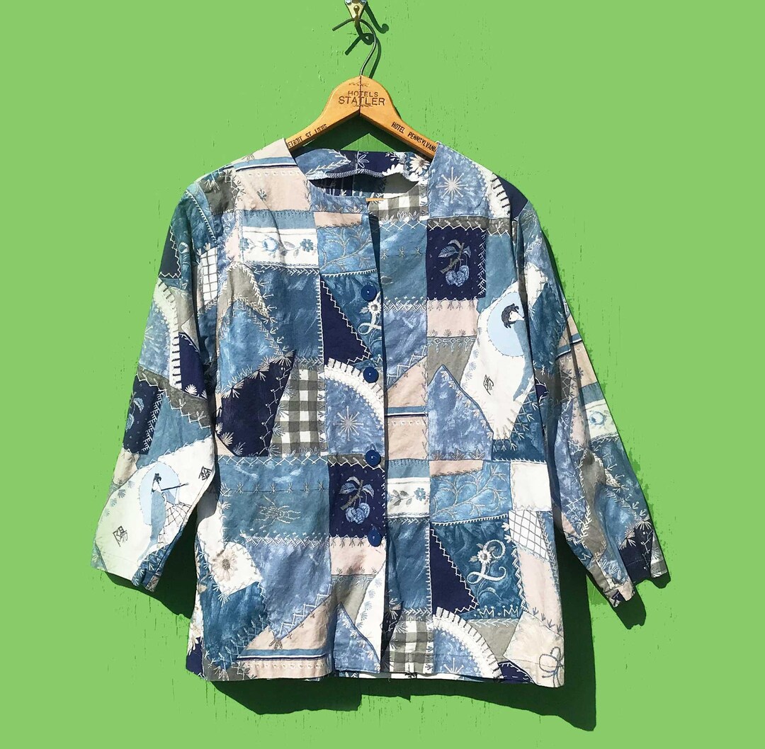 1990s Patchwork Print Shirt Light Layering Jacket Vintage Blue Crazy ...