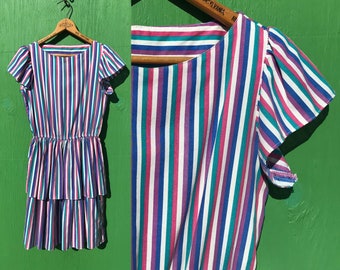 1980s Striped Party Dress SZ XS Tiered Ruffle Skirt Cap Sleeves Colorful Vintage
