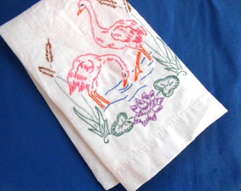 Vintage Embroidered Pink Flamingo Tea Towel White Linen Fingertip Hand Towel Birds Cat Tails Water Home Decor