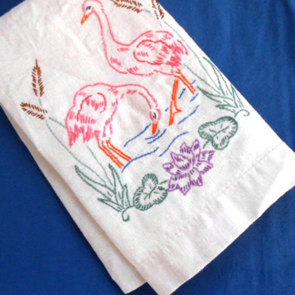 Vintage Embroidered Pink Flamingo Tea Towel White Linen Fingertip Hand Towel Birds Cat Tails Water Home Decor