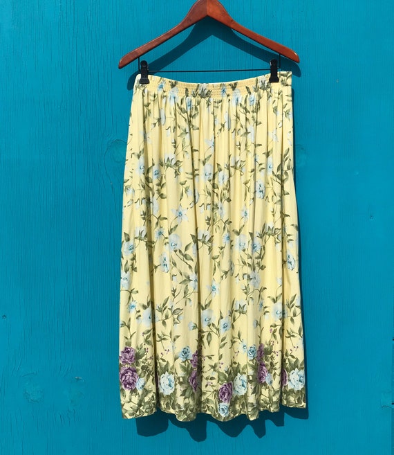 1990s Floral Rayon Skirt Elastic Waist Yellow w B… - image 7