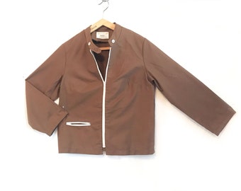 1970s Brown Cloth Jacket Sz Med Lg Zip Front w Pocket White Accents Band Collar Vintage Casual
