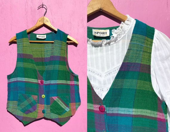 1980s Madras Plaid Vest with Pockets Size Medium … - image 1